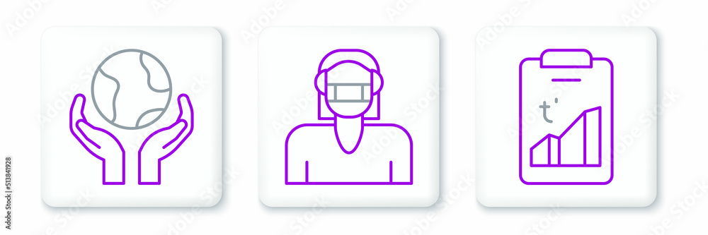 Set line Global warming, Hands holding Earth globe and Face protective mask icon. Vector Set line Global warming, Hands holding Earth globe and Face protective mask icon. Vector