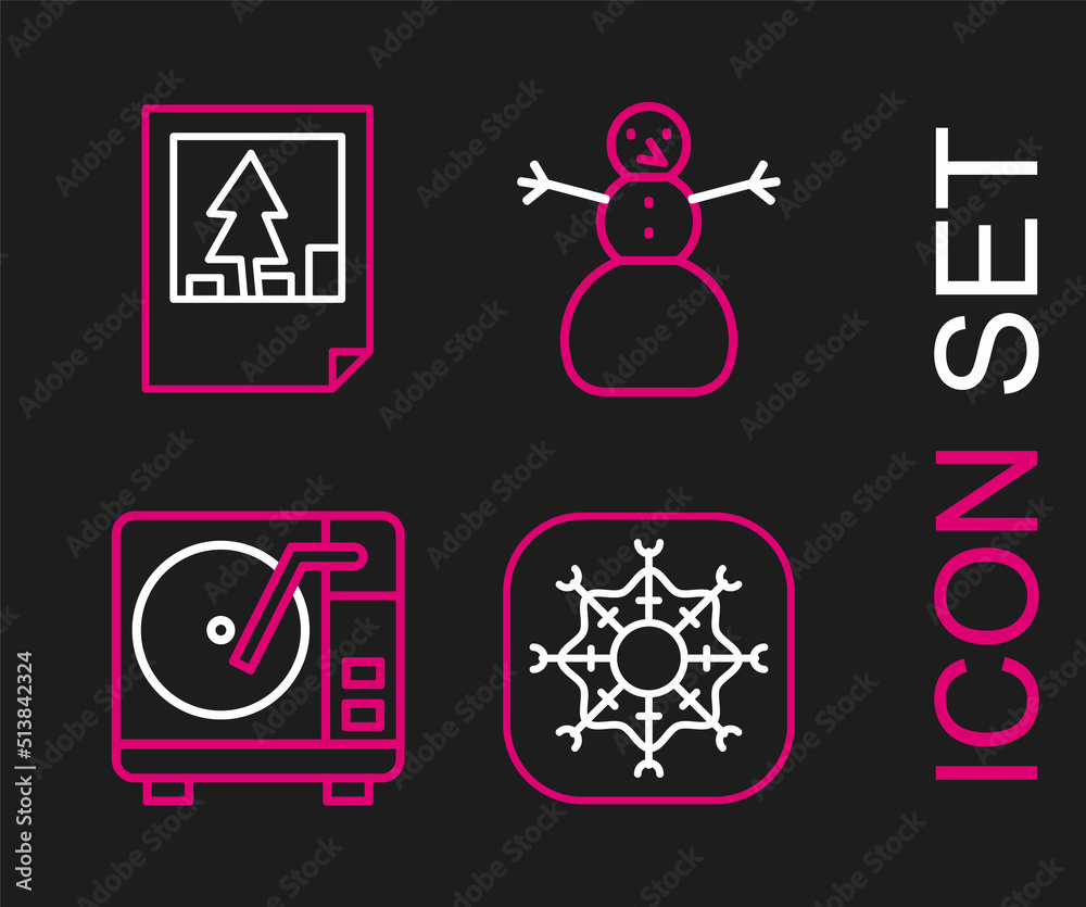 Set line Snowflake, Vinyl player with vinyl disk, Christmas snowman and postcard icon. Vector Set line Snowflake, Vinyl player with vinyl disk, Christmas snowman and postcard icon. Vector