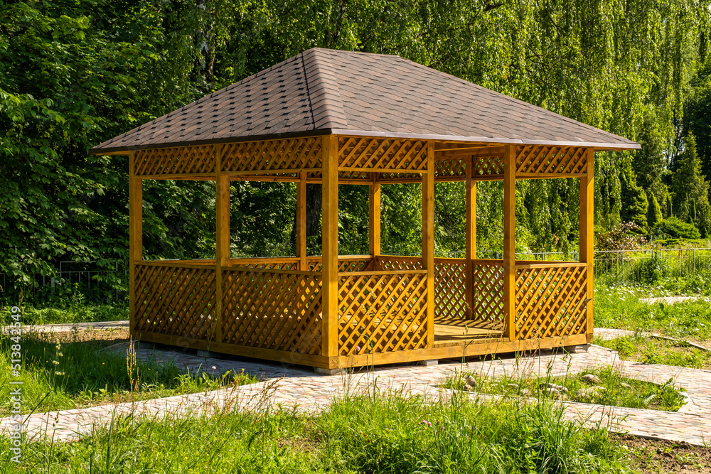 Large gazebo, outdoor patio, yellow wood gazebo Stock Photo | Adobe Stock
