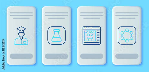 Set line Test tube and flask, Chemical online, Laboratory assistant and Formula of benzene rings icon. Vector