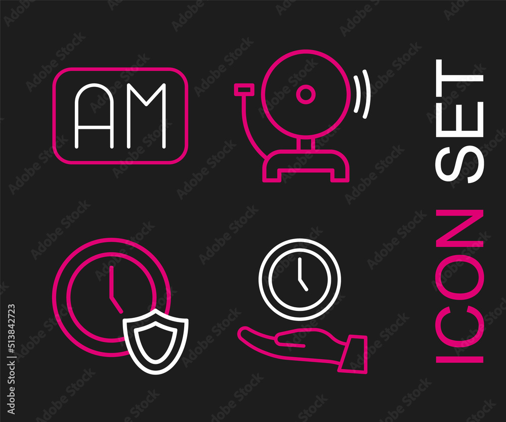 Set line Clock, with shield, Ringing alarm bell and Morning time icon. Vector Set line Clock, with shield, Ringing alarm bell and Morning time icon. Vector