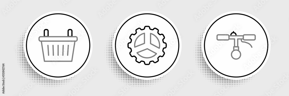 Set line Bicycle handlebar, basket and sprocket crank icon. Vector Set line Bicycle handlebar, basket and sprocket crank icon. Vector