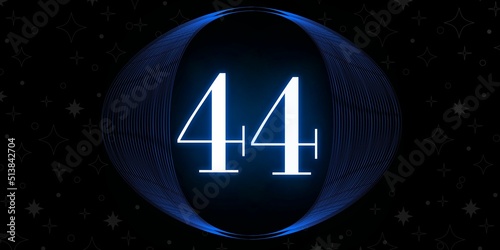 Number 44. Banner with the number forty four on a black background and white stars with a circle blue in the middle photo