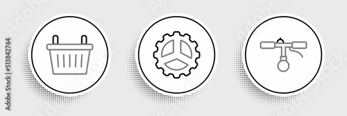 Set line Bicycle handlebar, basket and sprocket crank icon. Vector