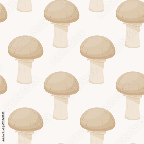 Vector Seamless Pattern with Champignon Mushroom on White. Seamless Texture, Hand Drawn Cartoon Champignon Mushrooms. Design Template for Textile, Wallpaper, Print