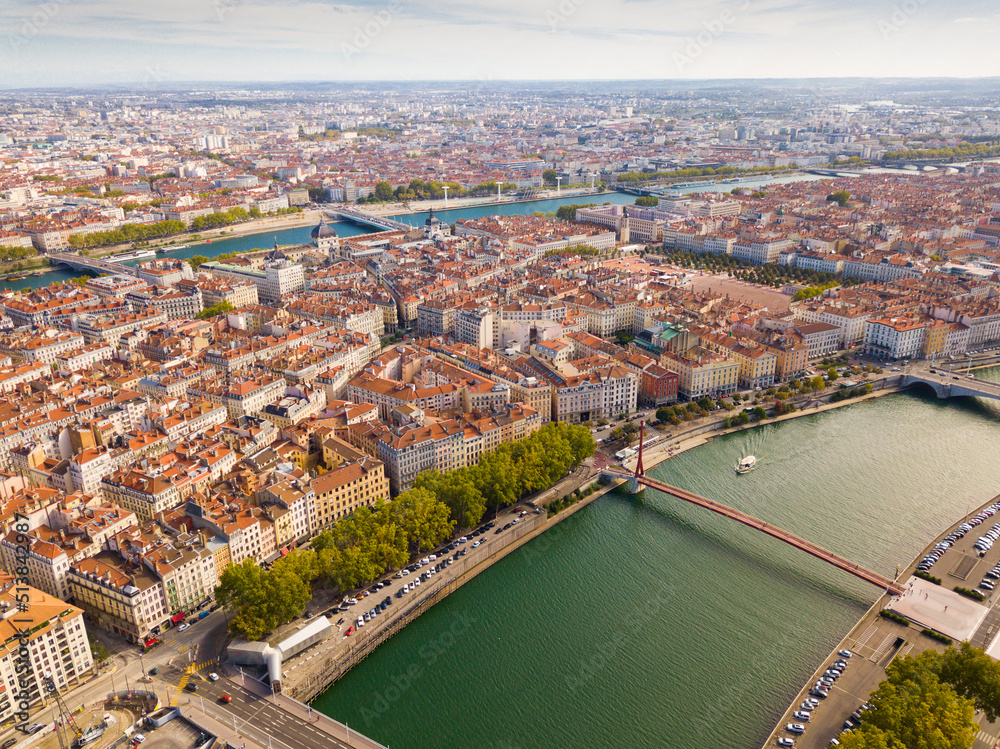 Aerial view of Lyon and rivers Rhone and Saone, France