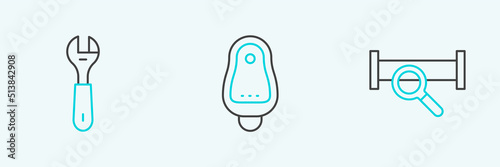 Set line Industry metallic pipe, Wrench spanner and Toilet urinal or pissoir icon. Vector