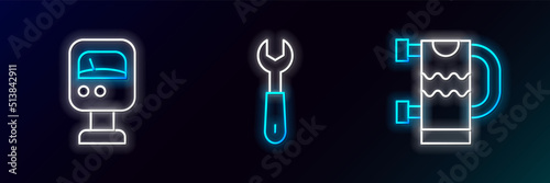 Set line Heated towel rail, Pressure water meter and Wrench spanner icon. Glowing neon. Vector