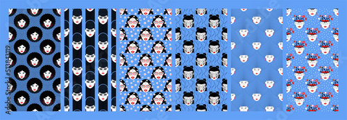 Set fashion design head girls with different hairstyle and style seamless pattern