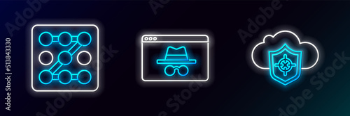Set line Cloud and shield, Graphic password protection and Browser incognito window icon. Glowing neon. Vector