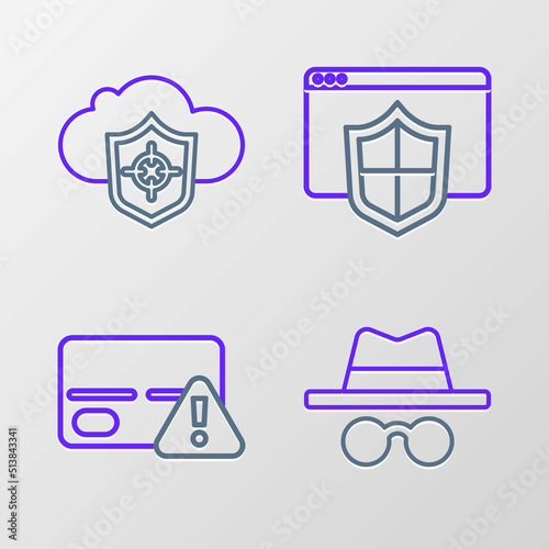Set line Incognito mode, Credit card, Browser with shield and Cloud and icon. Vector