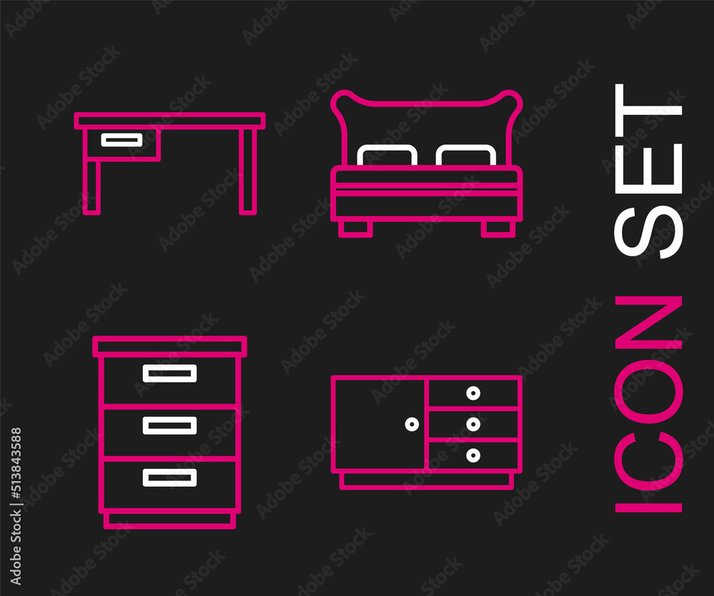 Set line Chest of drawers, Furniture nightstand, Big bed and Office desk icon. Vector Set line Chest of drawers, Furniture nightstand, Big bed and Office desk icon. Vector