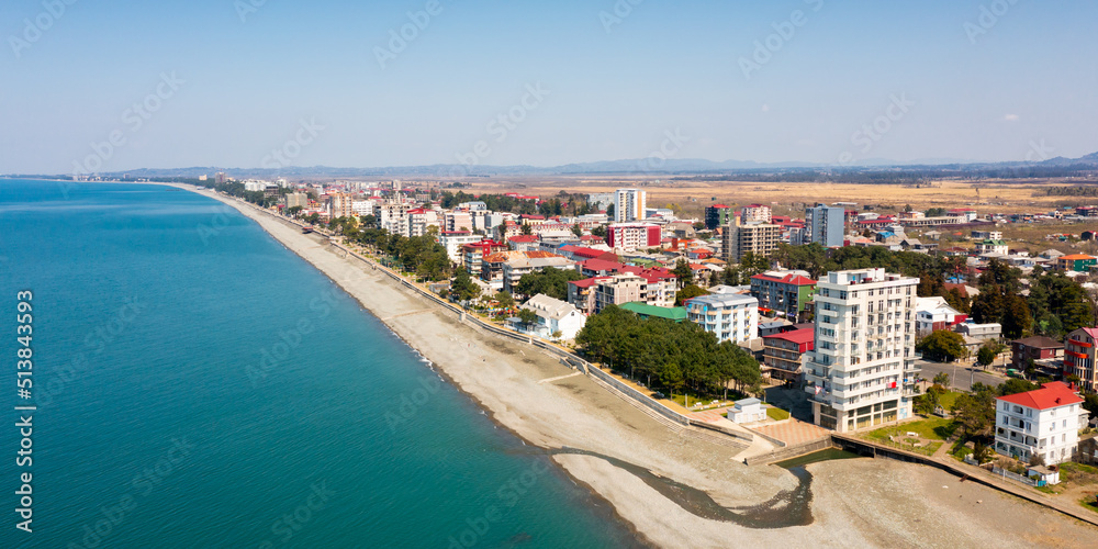 View from drone of Kobuleti city on Black sea coast at sunny spring day, Georgia