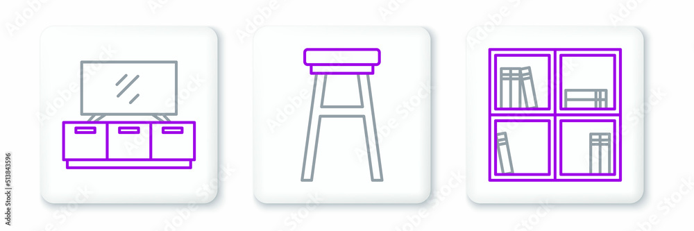 Set line Shelf with books, TV table stand and Chair icon. Vector Set line Shelf with books, TV table stand and Chair icon. Vector