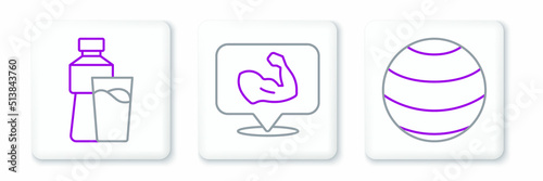 Set line Fitness ball, Bottle of water with glass and Bodybuilder muscle icon. Vector