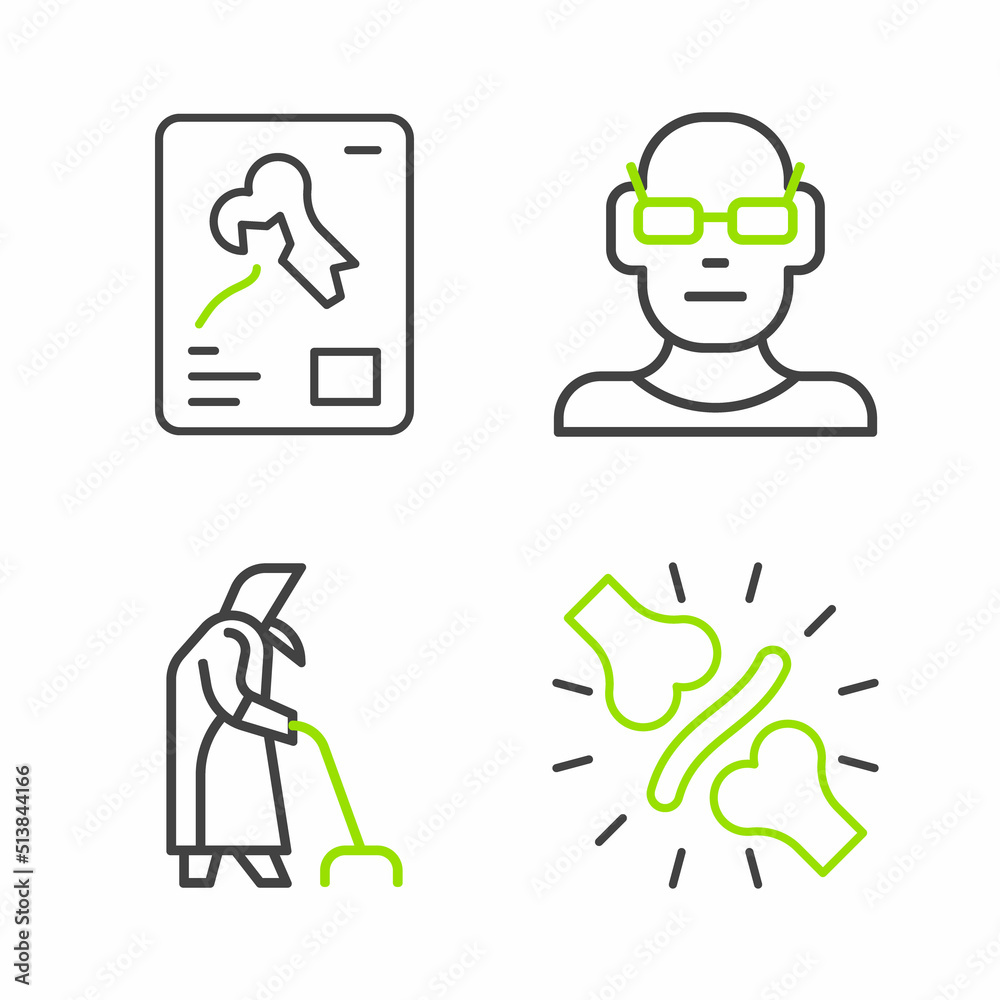 Set line Joint pain, knee pain, Grandmother, Poor eyesight and X-ray shots icon. Vector Set line Joint pain, knee pain, Grandmother, Poor eyesight and X-ray shots icon. Vector