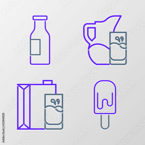 Set line Ice cream, Paper package for milk, Milk jug pitcher and glass and Bottle with icon. Vector