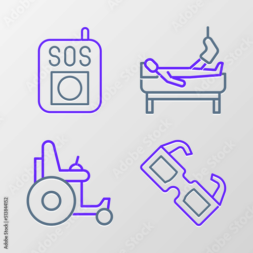 Set line Eyeglasses, Electric wheelchair, Patient with broken leg and Press the SOS button icon. Vector