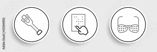 Set line Blind glasses, Prosthesis leg and Braille icon. Vector