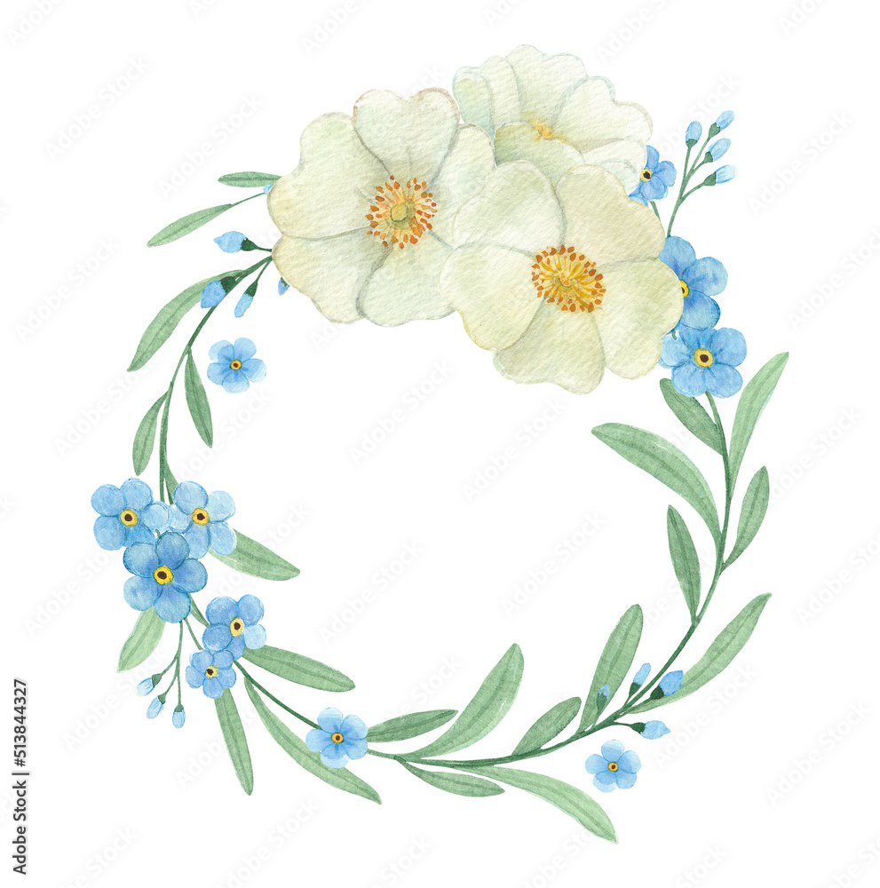 A wreath of forget-me-nots and white rosehip flowers. Joy. Holiday. Watercolour. A wreath of forget-me-nots and white rosehip flowers. Joy. Holiday. Watercolour.