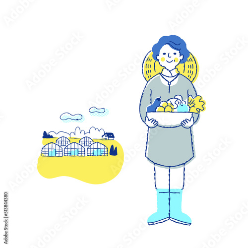 収穫物を持っている農家の女性とビニールハウス
