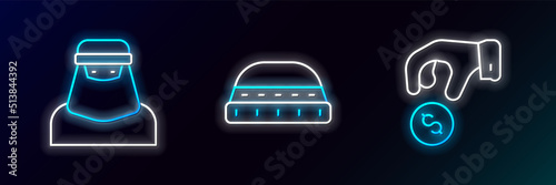 Set line Donate or pay your zakat, Muslim woman in niqab and hat for prayer icon. Glowing neon. Vector