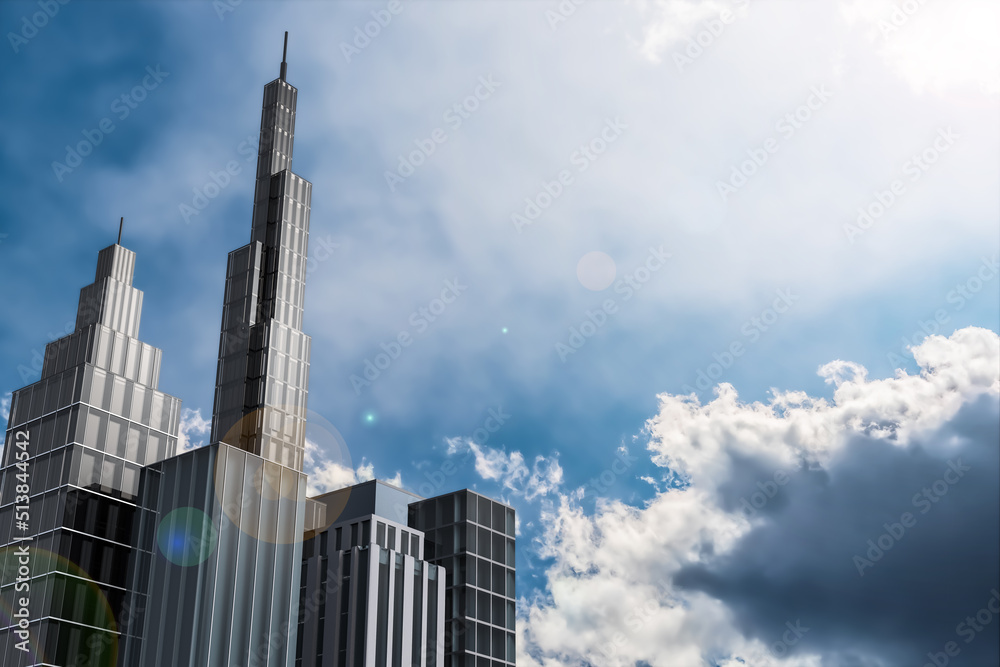 Fototapeta premium 高層ビル群の都市風景 Skyscrapers, 3d rendering. 