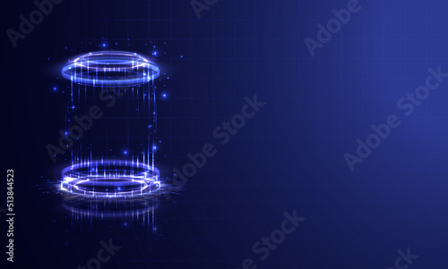 Portal and hologram science futuristic. Sci-fi digital hi-tech in glowing HUD projector. Magic gate in game fantasy. Circle teleport podium. GUI and UI virtual reality. Showing product. Landing page