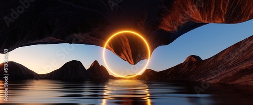 Foto 3d render, yellow neon ring glowing over the futuristic landscape with cliffs and water