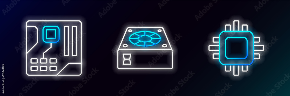 Set line Processor with CPU, Motherboard digital chip and Computer cooler icon. Glowing neon. Vector Set line Processor with CPU, Motherboard digital chip and Computer cooler icon. Glowing neon. Vector