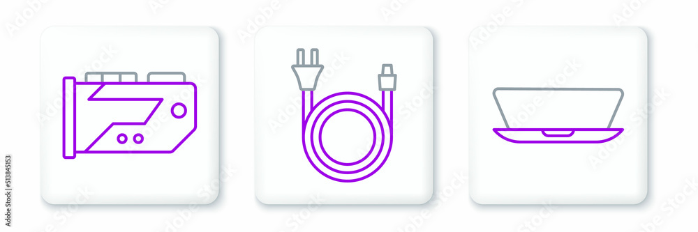 Set line Laptop, Video graphic card and Electric plug icon. Vector Set line Laptop, Video graphic card and Electric plug icon. Vector