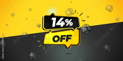 14  off limited special offer. Banner with fourteen percent discount on a  black and yellow background with yellow square and black. Illustration 3d