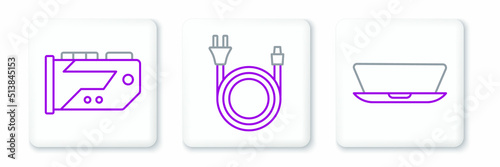 Set line Laptop, Video graphic card and Electric plug icon. Vector