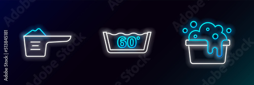 Set line Basin with soap suds, Washing powder and Temperature wash icon. Glowing neon. Vector