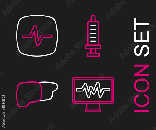 Set line Monitor with cardiogram, Human organ liver, Syringe and Heart rate icon. Vector
