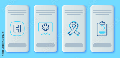 Set line Location hospital, Awareness ribbon, Hospital signboard and Patient record icon. Vector