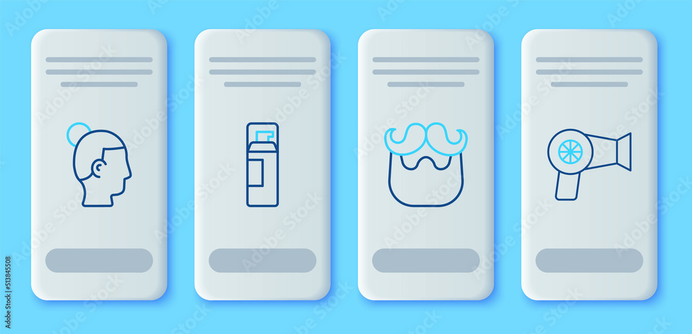 Set line Shaving gel foam, Mustache and beard, Hairstyle for men and dryer icon. Vector Set line Shaving gel foam, Mustache and beard, Hairstyle for men and dryer icon. Vector