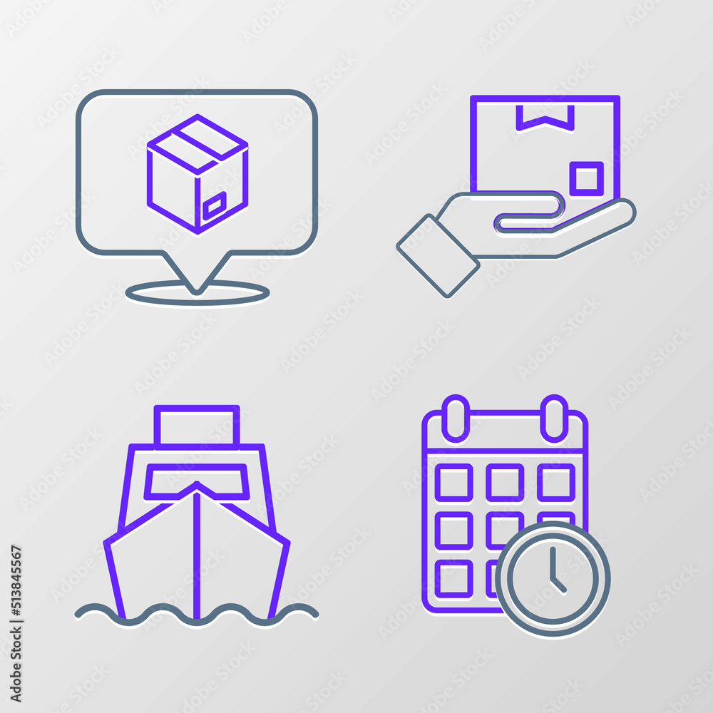 Set line Cardboard box with calendar, Cargo ship boxes delivery, Delivery hand and Location cardboard icon. Vector Set line Cardboard box with calendar, Cargo ship boxes delivery, Delivery hand and Location cardboard icon. Vector