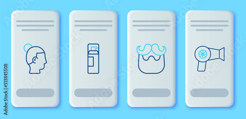 Set line Shaving gel foam, Mustache and beard, Hairstyle for men and dryer icon. Vector