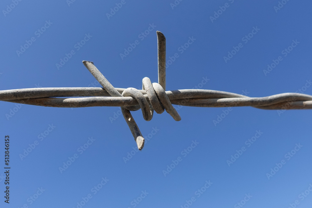 CLose up of barbed wire barb against blue sky.