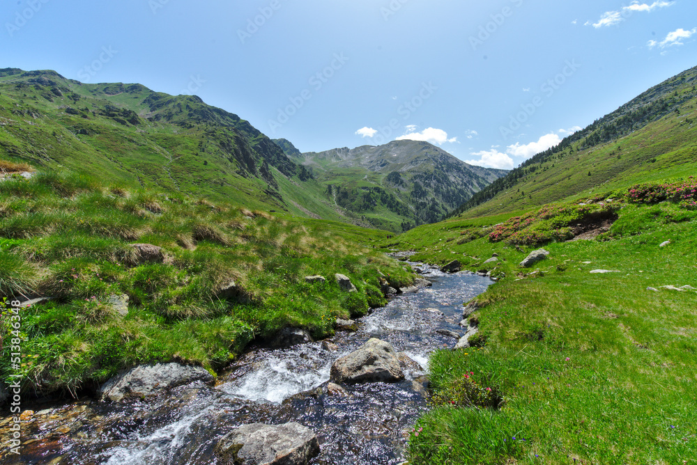 Naklejka premium landscape in the mountains, spring with running water during spring, Andorra.