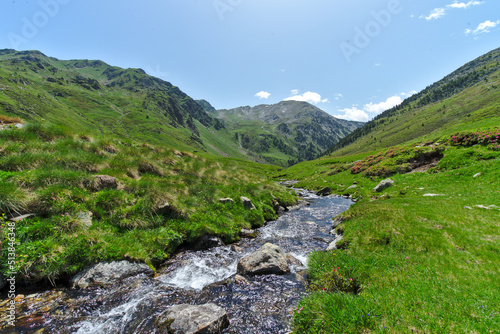 landscape in the mountains, spring with running water during spring, Andorra.