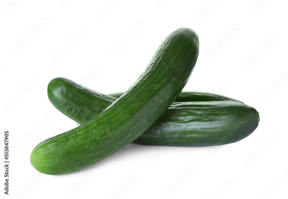 Whole fresh green cucumbers isolated on white Whole fresh green cucumbers isolated on white