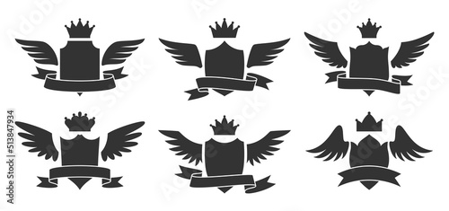 Shield wing crown ribbon emblem black glyph set. Elegant military emblem protection security. Award high quality dynasty coat arms stamp gothic guarantee. Heraldry retro banner medieval isolated
