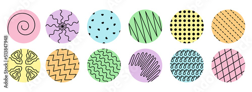 Trendy round with abstract black shapes inside set. Hand drawn modern doodle objects isolated on colorful background. Spots, waves, hearts, grid, spiral, drops, curves, lines. Vector illustration