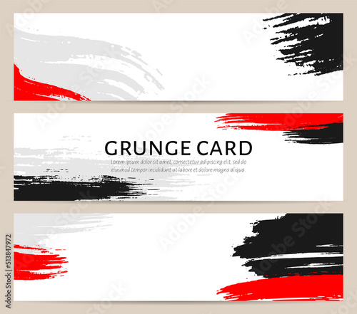 Grunge banner ink smear graphic texture flat set. Dry textured grunge banner greeting card ad background website header stock. Black white red gray Japanese colors hipster style liquid frame isolated