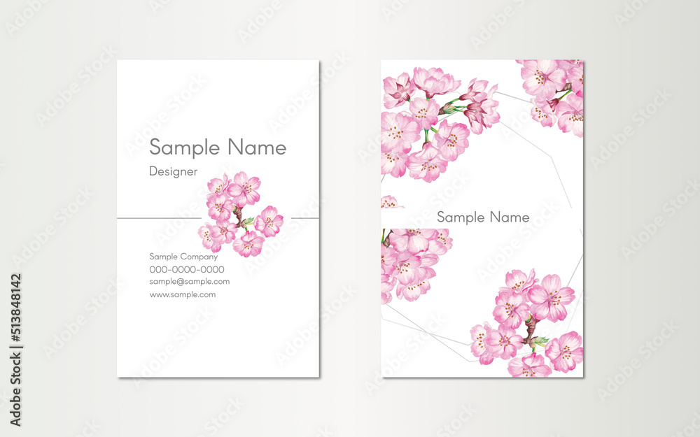 business card template with hand painted watercolor illustration of cherry blossom flowers