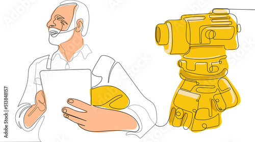 Close up of young Caucasian worker with helmet on head using tablet for work while standing in warehouse. Surveyor with a tripod icon. Geodesic tripod. Vector illustration