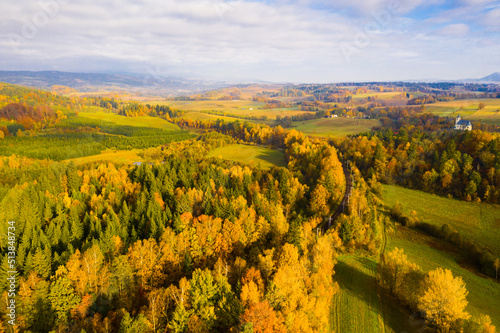 Aerial view of the autumn forest and hills in the Czech Republic