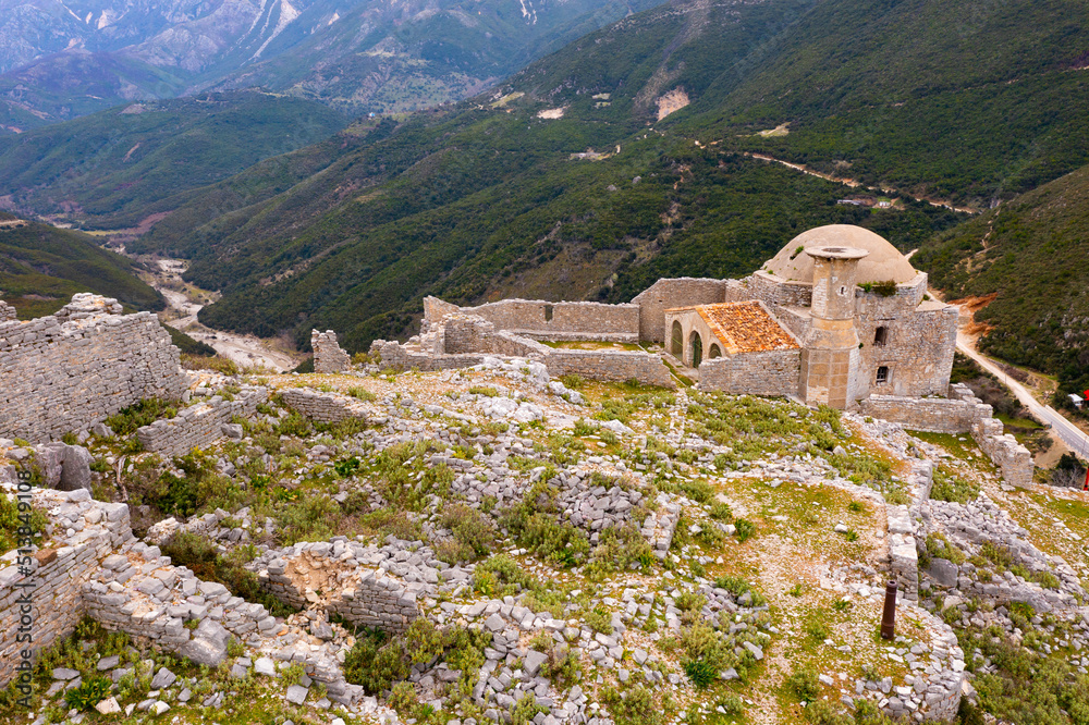 Picturesque view of ruins of antique castle of Borsh with Hajji Bendo Mosque, Albania